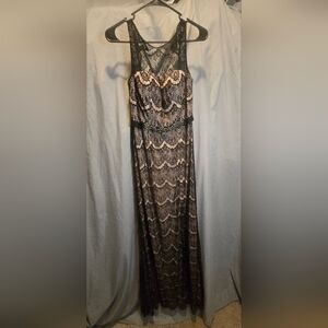 Black Lace Evening Dress with Nude Underlay
